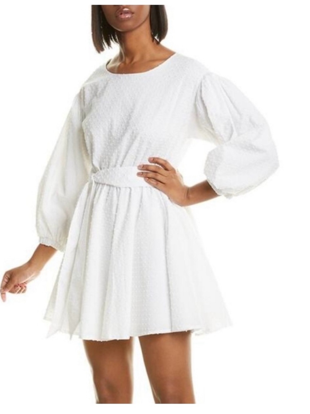 White Puff-Sleeve Mini Dress with Belted Waist